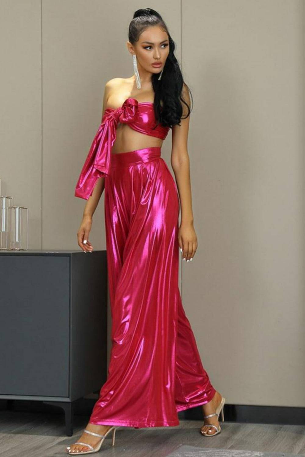 Pink Metallic Wide Leg Two Piece Set - TGC Boutique - 2 Piece Set