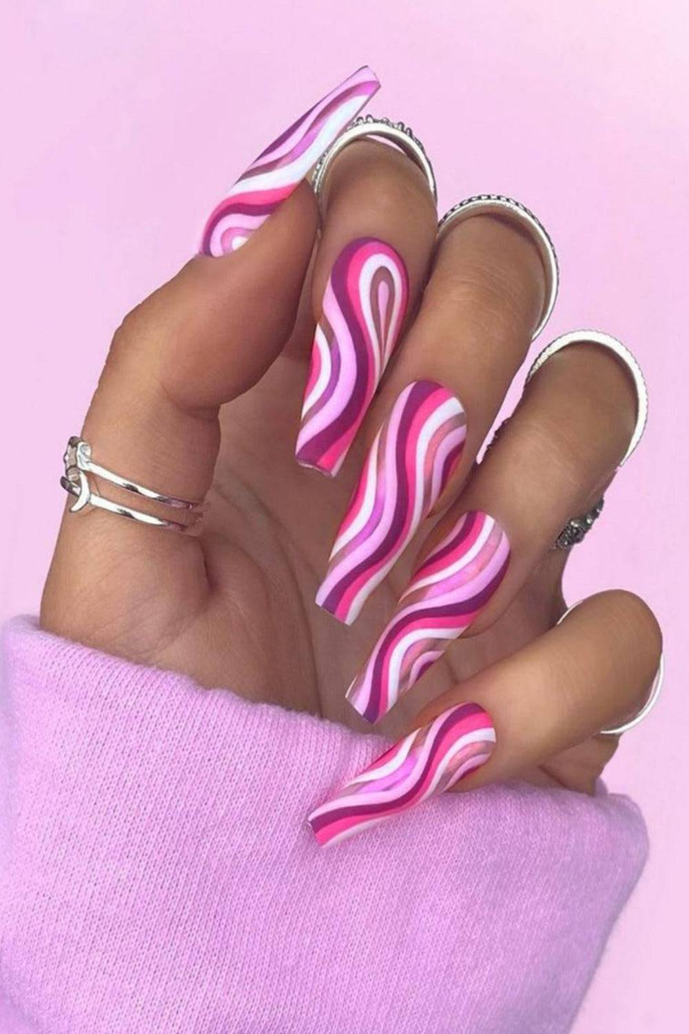 Pink & Purple Swirl Press On Nails French Tip Coffin Nail Kit - TGC Boutique - Press On Nails