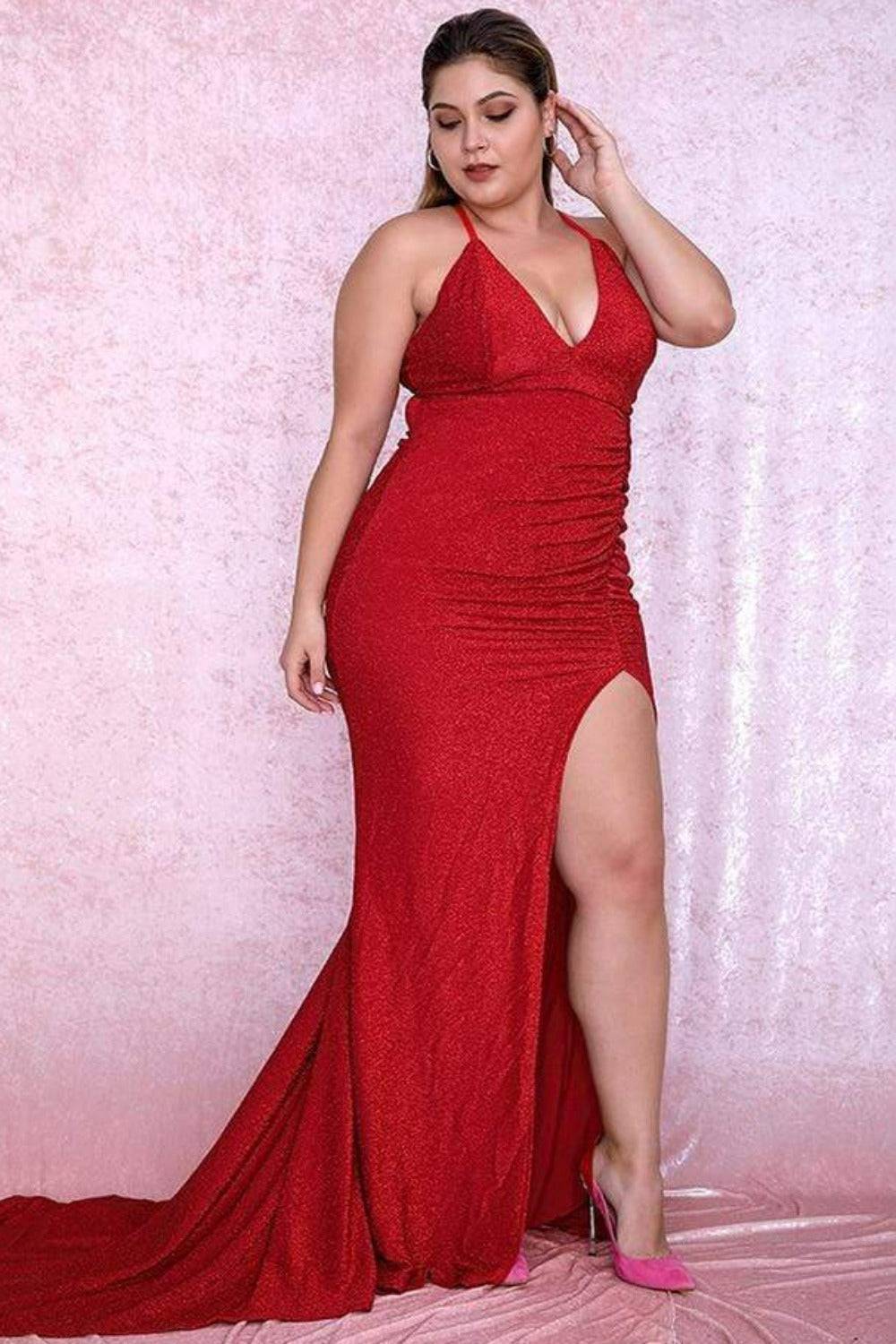 Places To See Glitter Bodycon Plus Size Red Dress - TGC Boutique - Red Evening Dress