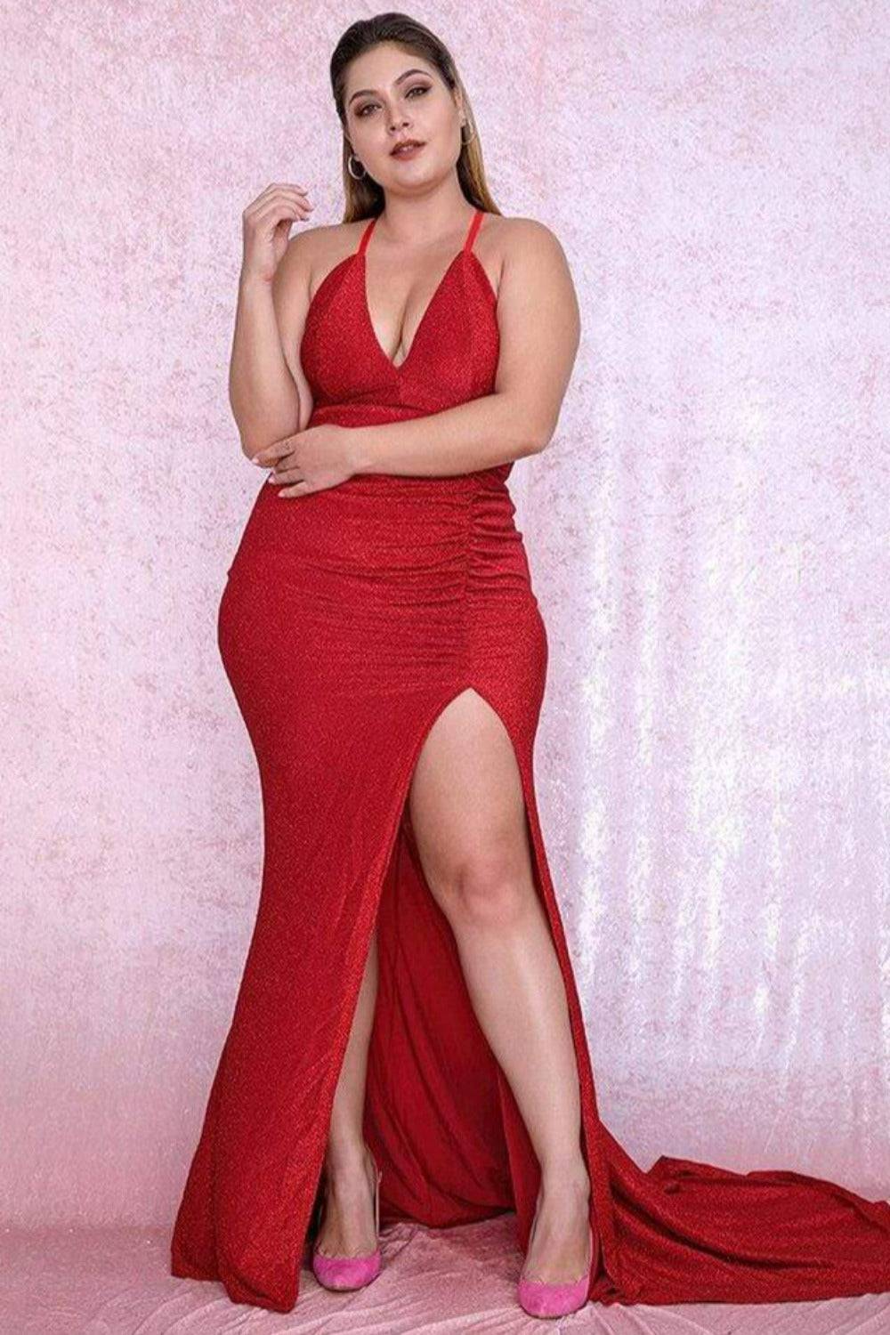Places To See Glitter Bodycon Plus Size Red Dress - TGC Boutique - Red Evening Dress