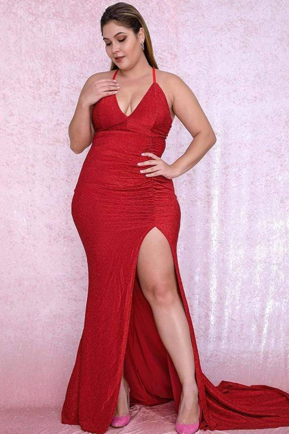 Places To See Glitter Bodycon Plus Size Red Dress - TGC Boutique - Red Evening Dress