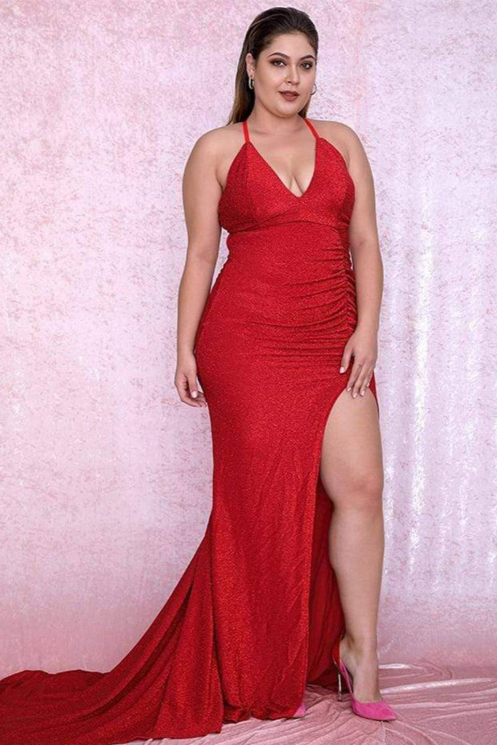 Places To See Glitter Bodycon Plus Size Red Dress - TGC Boutique - Red Evening Dress