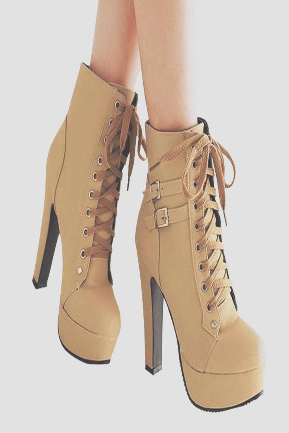 Platform Lace Up Biker Boots - Nude - TGC Boutique - Ankle Booties