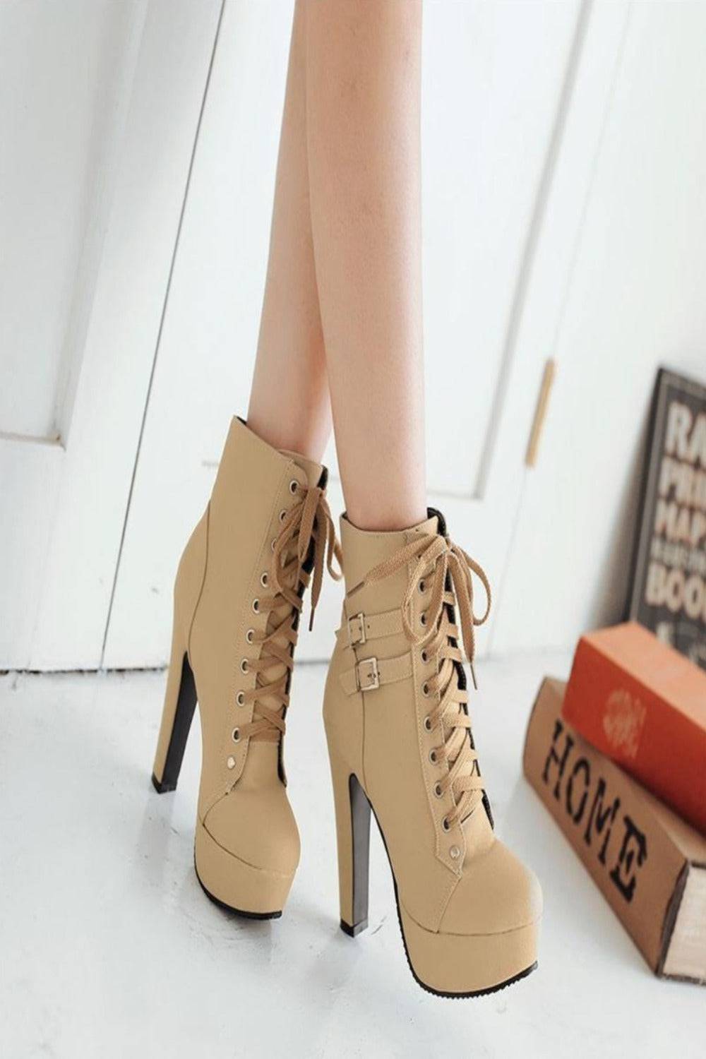 Platform Lace Up Biker Boots - Nude - TGC Boutique - Ankle Booties