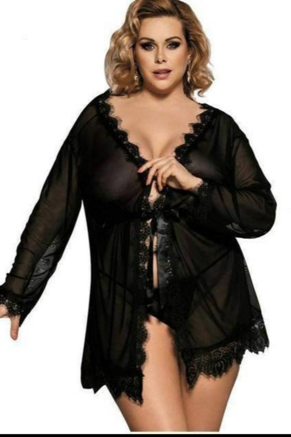 Plus Size Babydoll Lace Trim Mesh See Through Robe - TGC Boutique - Lingerie