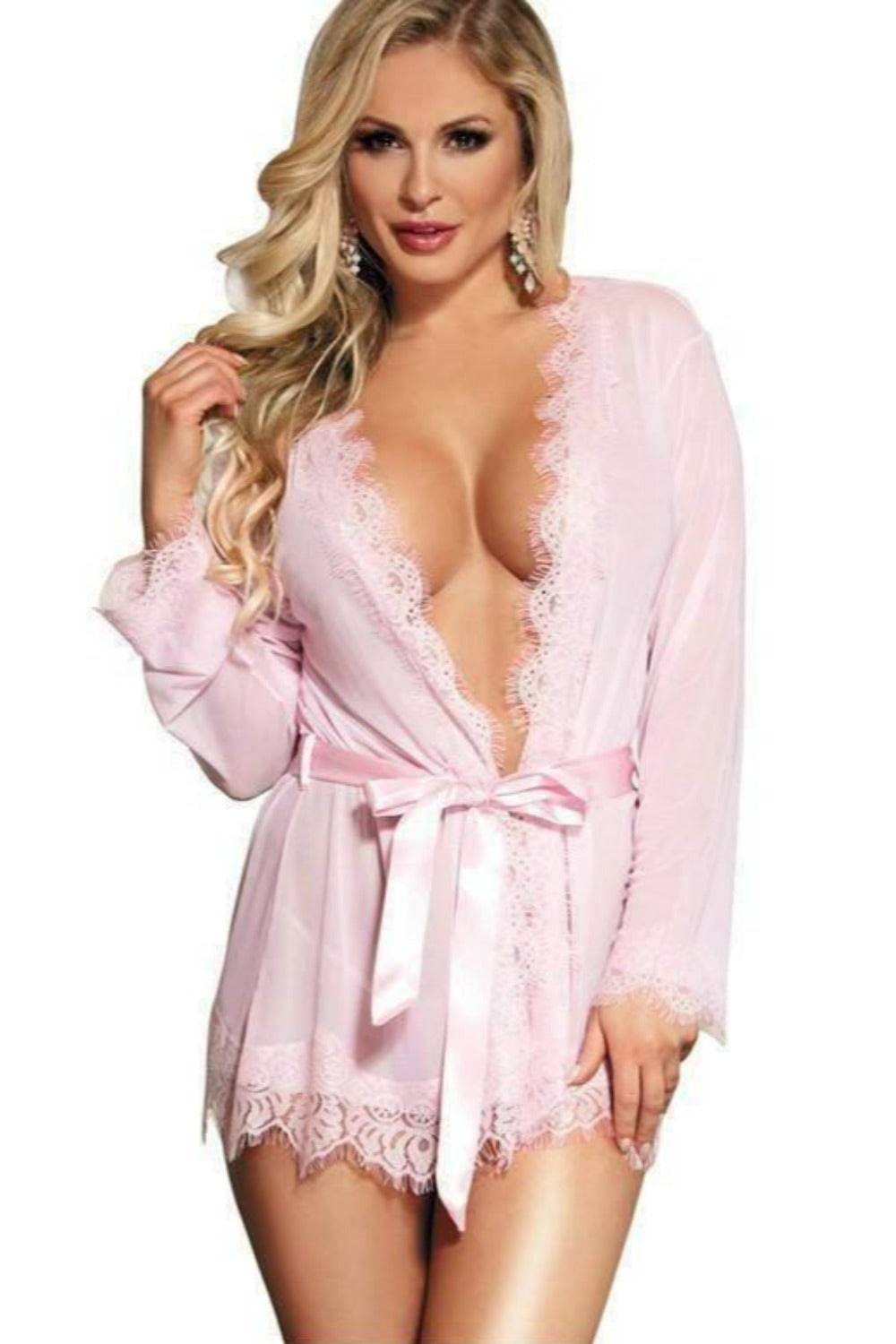 Plus Size Babydoll Lace Trim Mesh See Through Robe - TGC Boutique - Lingerie