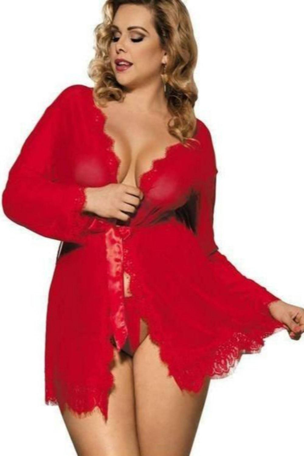 Plus Size Babydoll Lace Trim Mesh See Through Robe - TGC Boutique - Lingerie