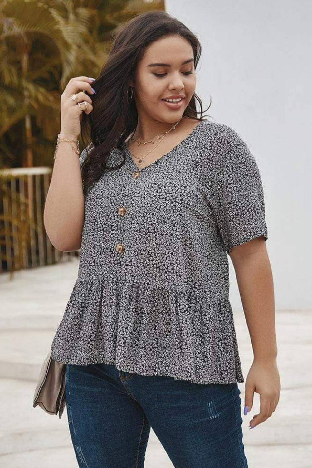 Plus Size Floral Print Short Sleeve Shirt - TGC Boutique - Tops