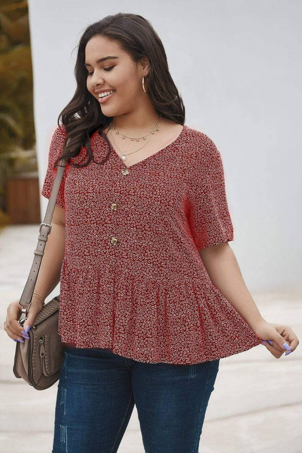 Plus Size Floral Print Short Sleeve Shirt - TGC Boutique - Tops