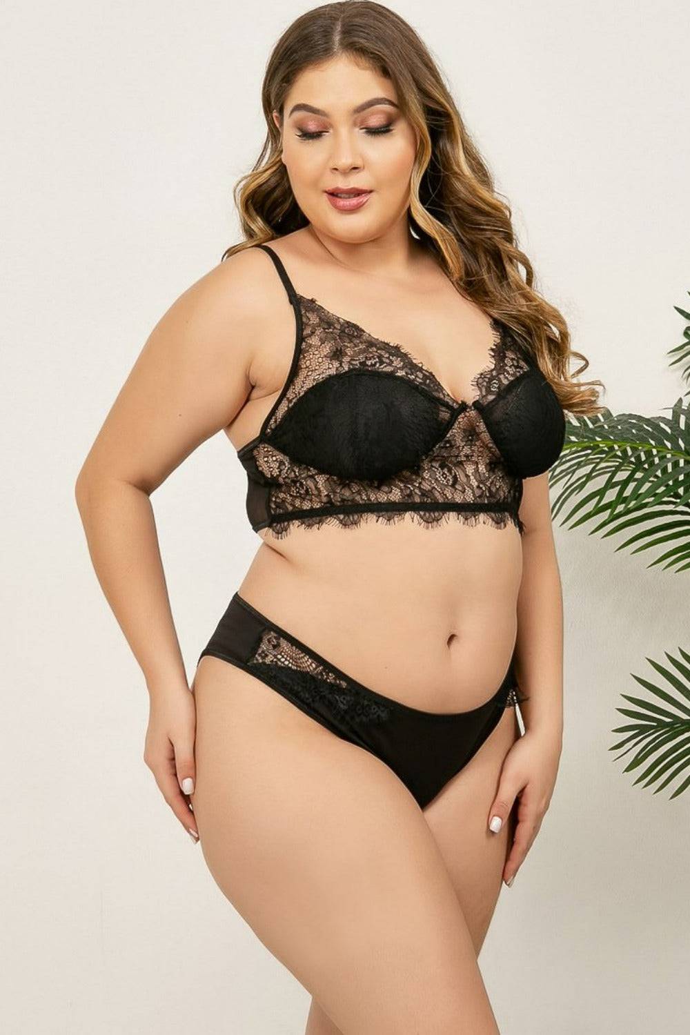 Plus Size Lace Cotton Floral Underwear Bra Lingerie Set - Black - TGC Boutique - Black Lingerie