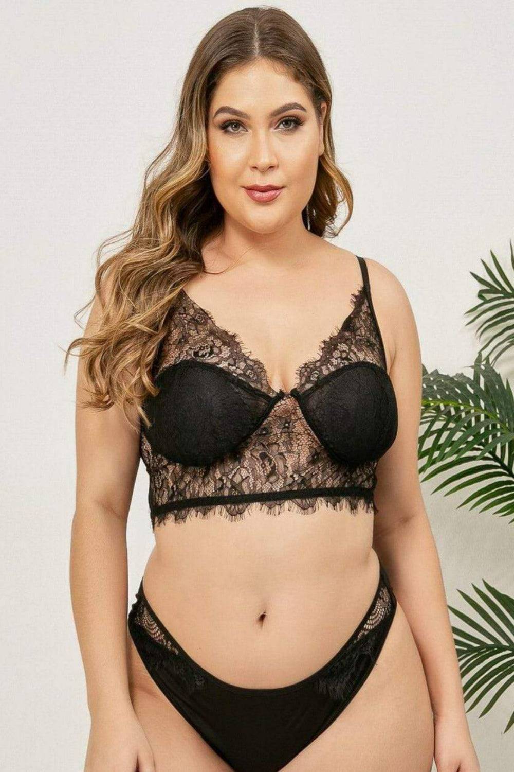 Plus Size Lace Cotton Floral Underwear Bra Lingerie Set - Black - TGC Boutique - Black Lingerie
