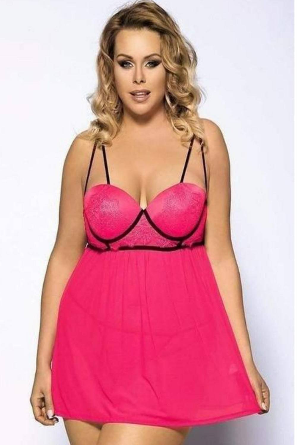 Plus Size Lace Cup Push Up Bra Babydoll Nightgown Lingerie Set - TGC Boutique - Lingerie