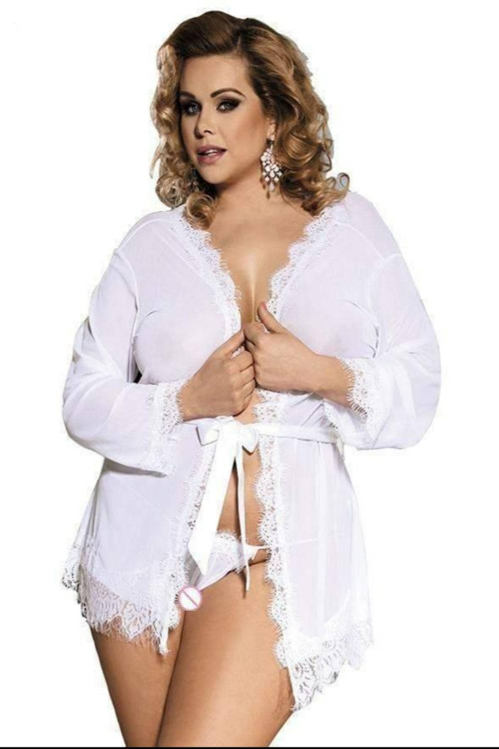 Plus Size Lace Trim Mesh See Through Robe With Belt - TGC Boutique - Lingerie