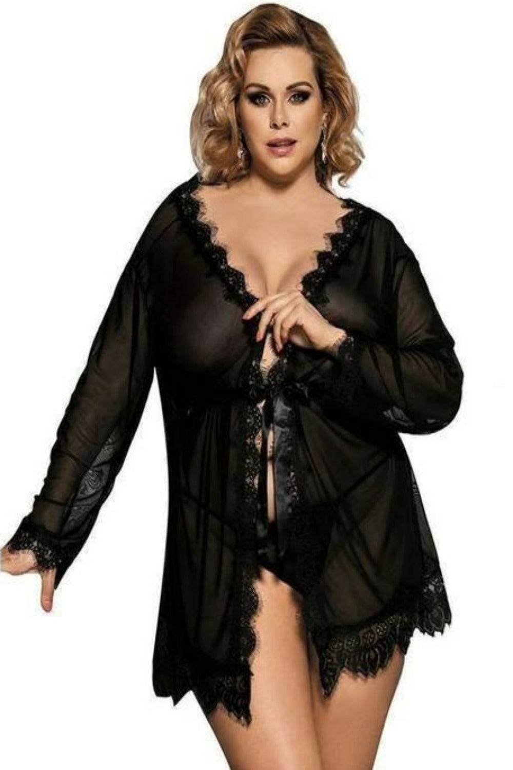 Plus Size Lace Trim Mesh See Through Robe With Belt - TGC Boutique - Lingerie