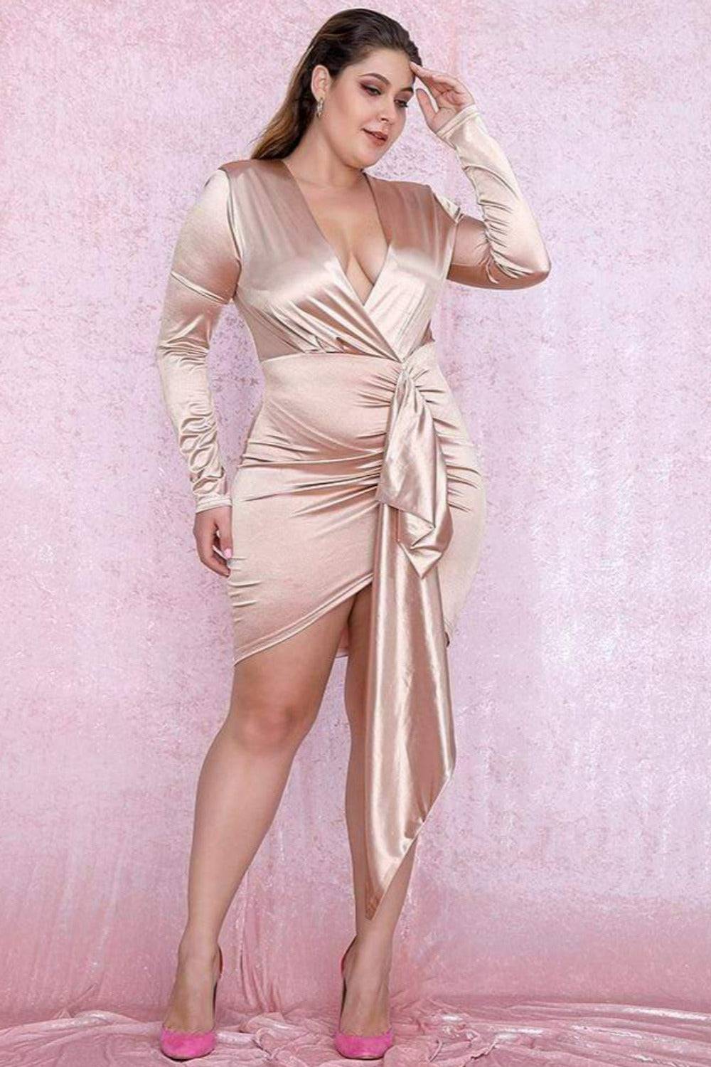 Plus Size Long Sleeve Nude Mini Dress - TGC Boutique - Plus Size Bodycon Dress