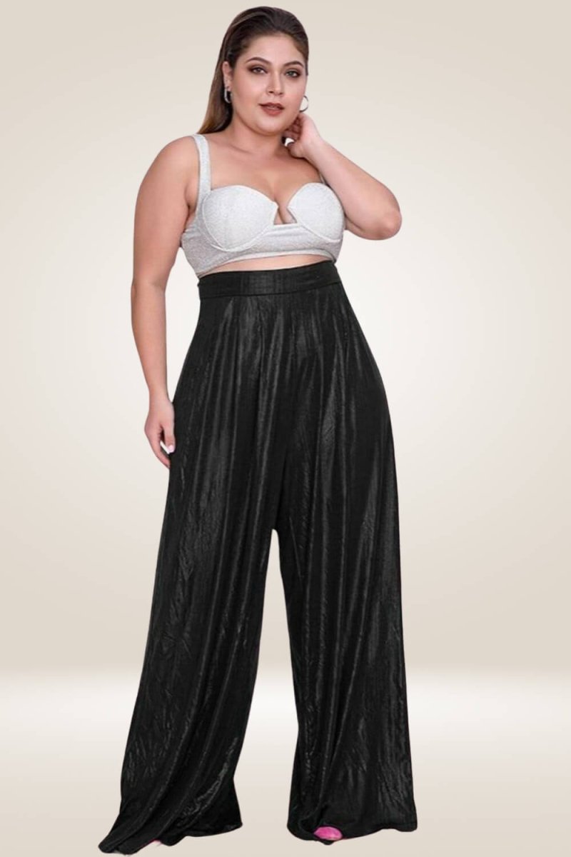Plus Size Metallic High Waist Wide Leg Black Palazzo Pants - TGC Boutique - Pants