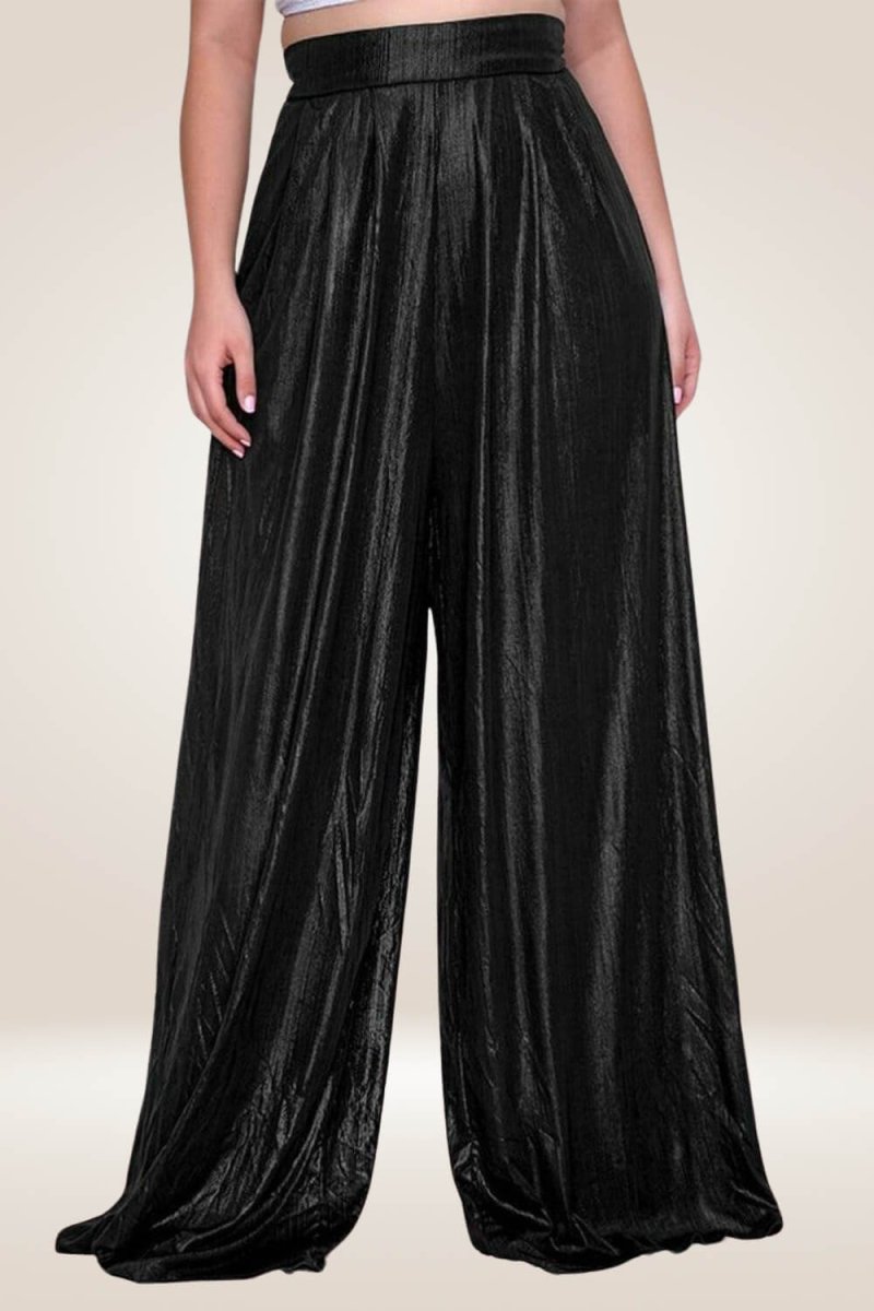 Plus Size Metallic High Waist Wide Leg Black Palazzo Pants - TGC Boutique - Pants