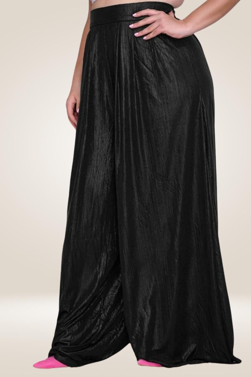 Plus Size Metallic High Waist Wide Leg Black Palazzo Pants - TGC Boutique - Pants