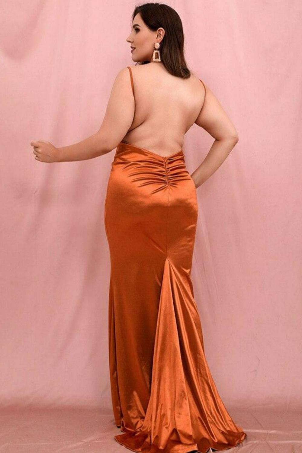 Plus Size Open Back Orange Satin Dress - TGC Boutique - Plus Size Dress