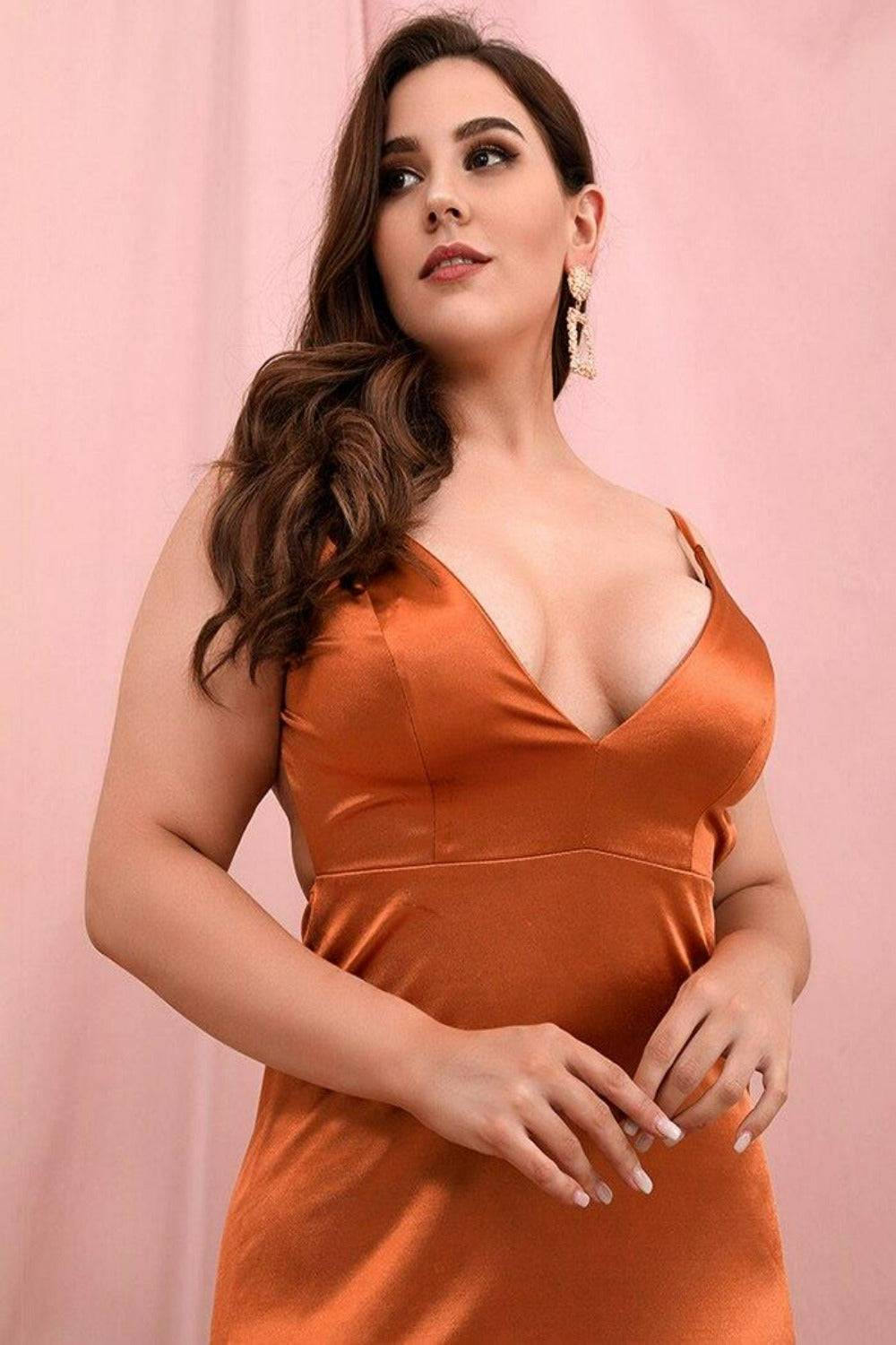 Plus Size Open Back Orange Satin Dress - TGC Boutique - Plus Size Dress