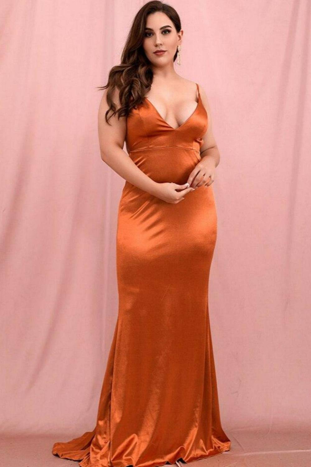 Plus Size Open Back Orange Satin Dress - TGC Boutique - Plus Size Dress
