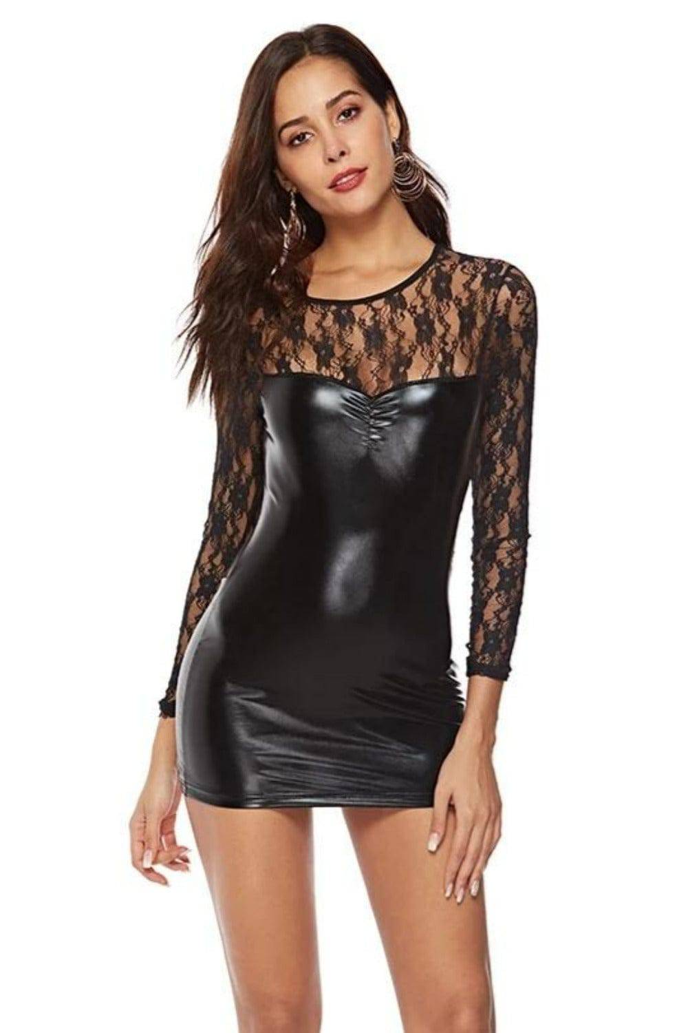 Plus Size Patchwork Latex And Lace Mini Babydoll Dress - Black - TGC Boutique - Black Lingerie