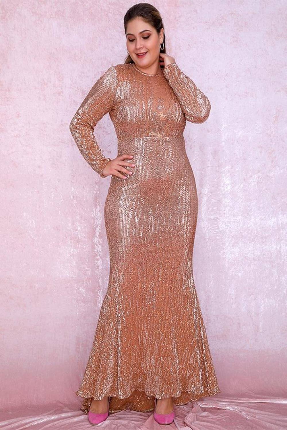 Plus Size Rose Gold Elastic Pleated Sequins Fishtail Maxi Dress - TGC Boutique - Evening Gown