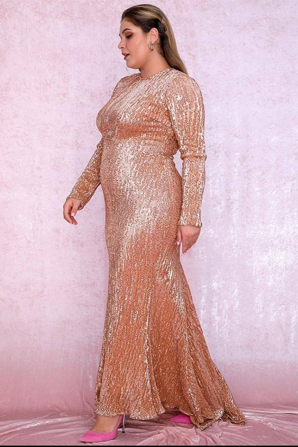 Plus Size Rose Gold Elastic Pleated Sequins Fishtail Maxi Dress - TGC Boutique - Evening Gown