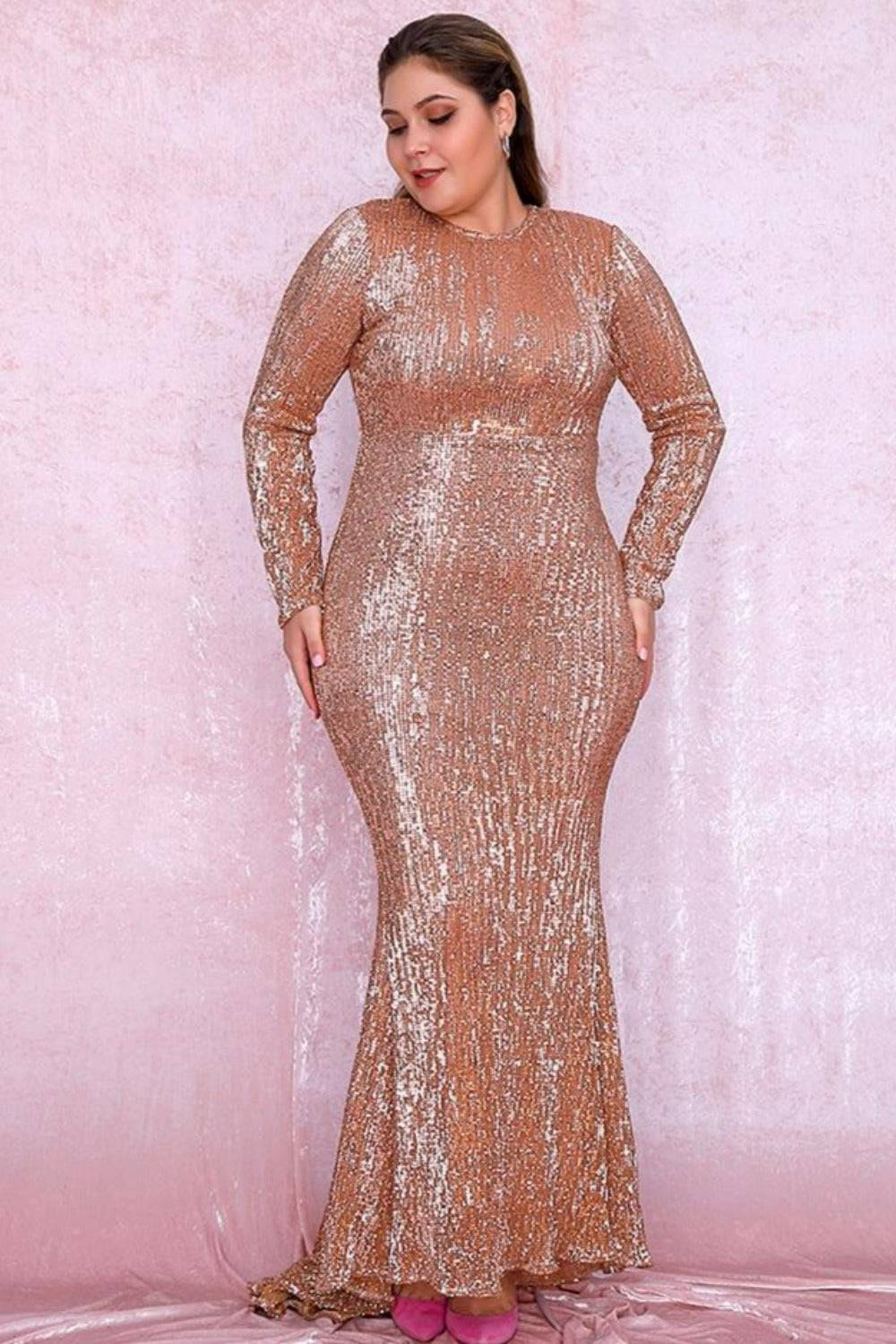 Plus Size Rose Gold Elastic Pleated Sequins Fishtail Maxi Dress - TGC Boutique - Evening Gown
