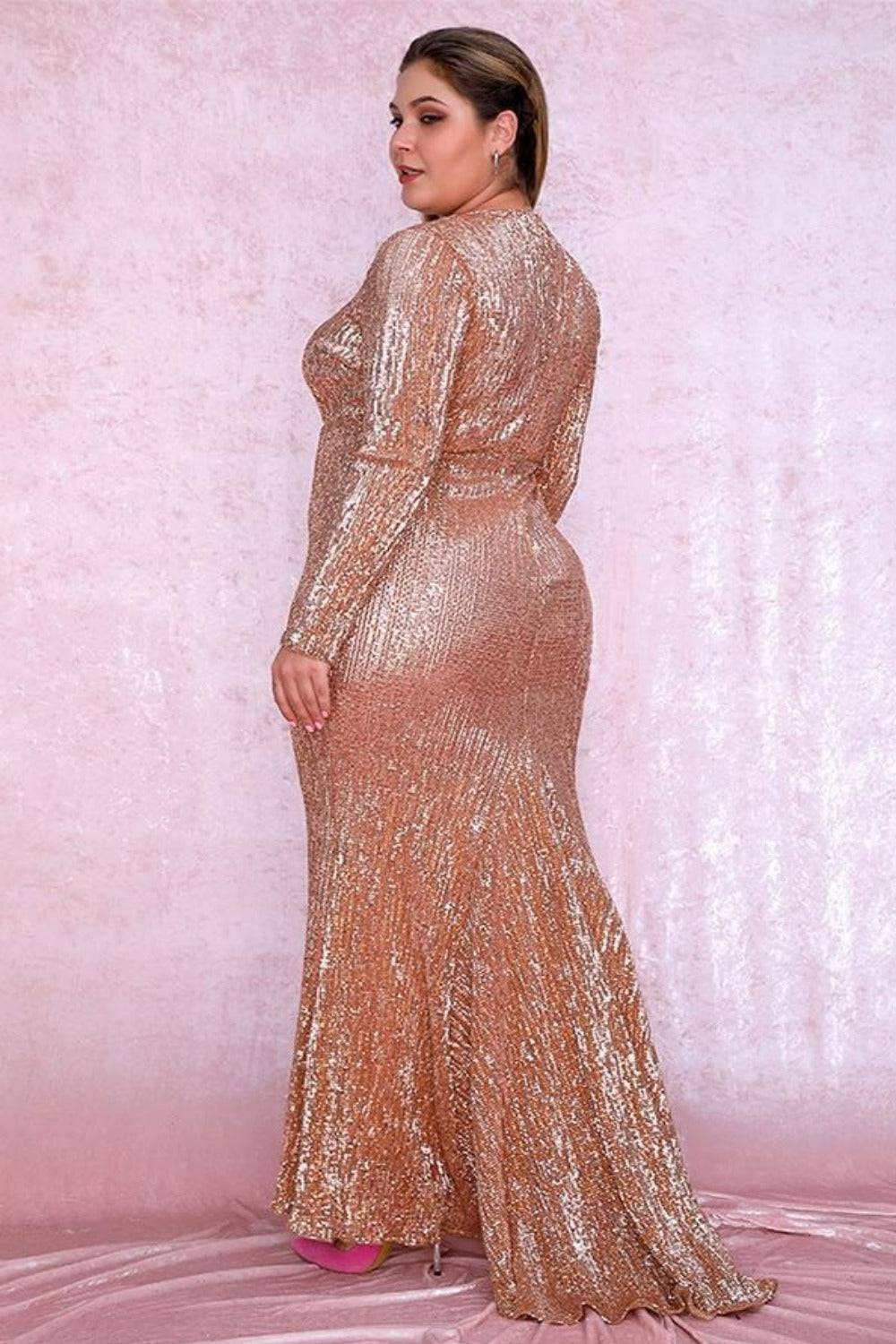 Plus Size Rose Gold Elastic Pleated Sequins Fishtail Maxi Dress - TGC Boutique - Evening Gown