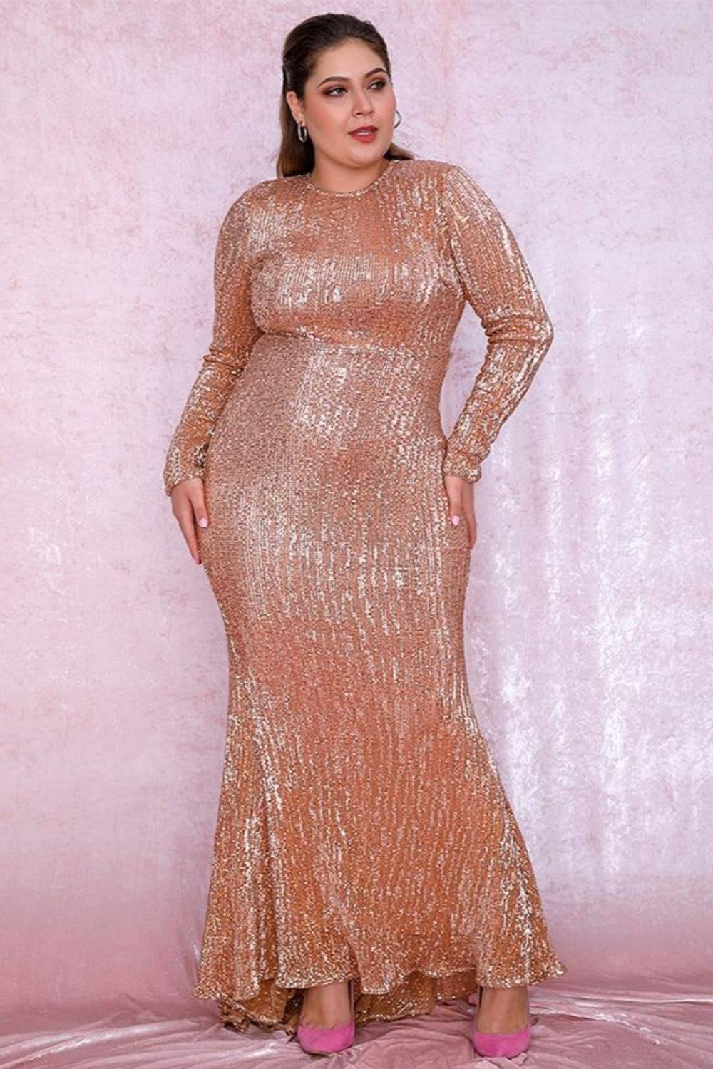 Plus Size Rose Gold Elastic Pleated Sequins Fishtail Maxi Dress - TGC Boutique - Evening Gown
