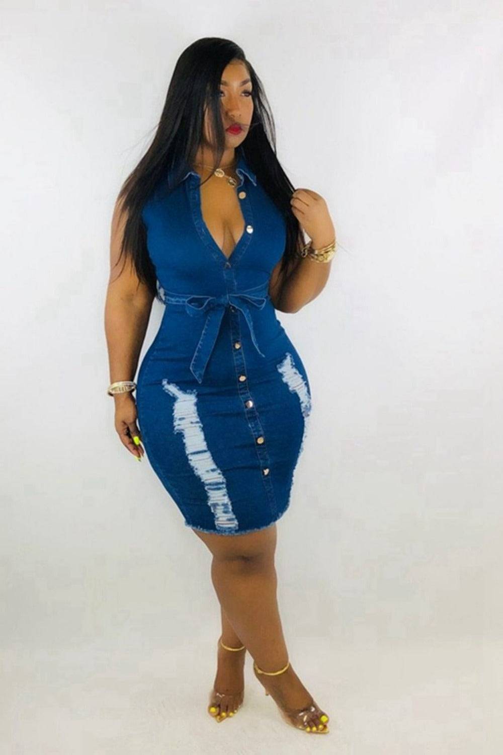 Plus Size Sleeveless Bodycon Ripped Denim Belted Dress - TGC Boutique - Plus Size Denim Dress