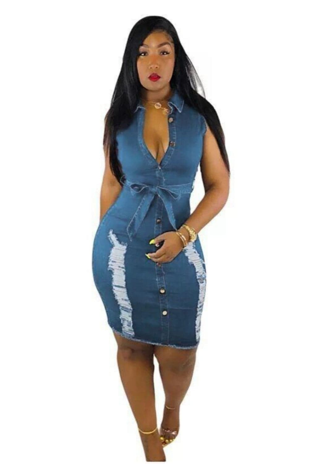 Plus Size Sleeveless Bodycon Ripped Denim Belted Dress - TGC Boutique - Plus Size Denim Dress
