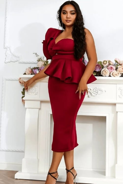 Plus Size Wine Red Ruffle Bodycon Dress - TGC Boutique - Bodycon Dress