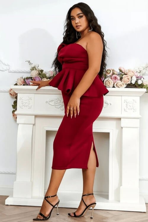Plus Size Wine Red Ruffle Bodycon Dress - TGC Boutique - Bodycon Dress