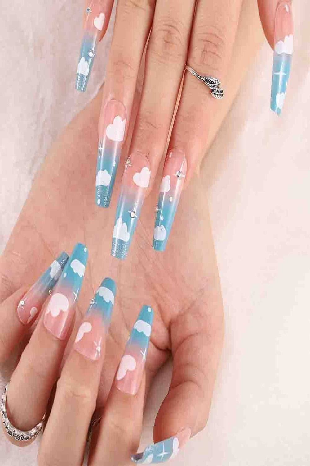 Press On Blue Ombre Nails Glossy Cloud Print French Tip Coffin Nail Kit - TGC Boutique - Press On Nails