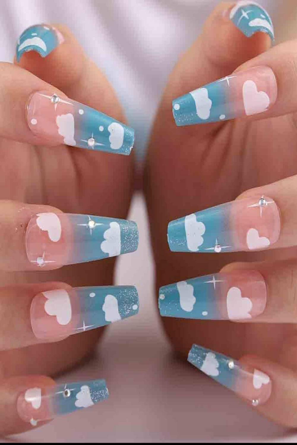 Press On Blue Ombre Nails Glossy Cloud Print French Tip Coffin Nail Kit - TGC Boutique - Press On Nails