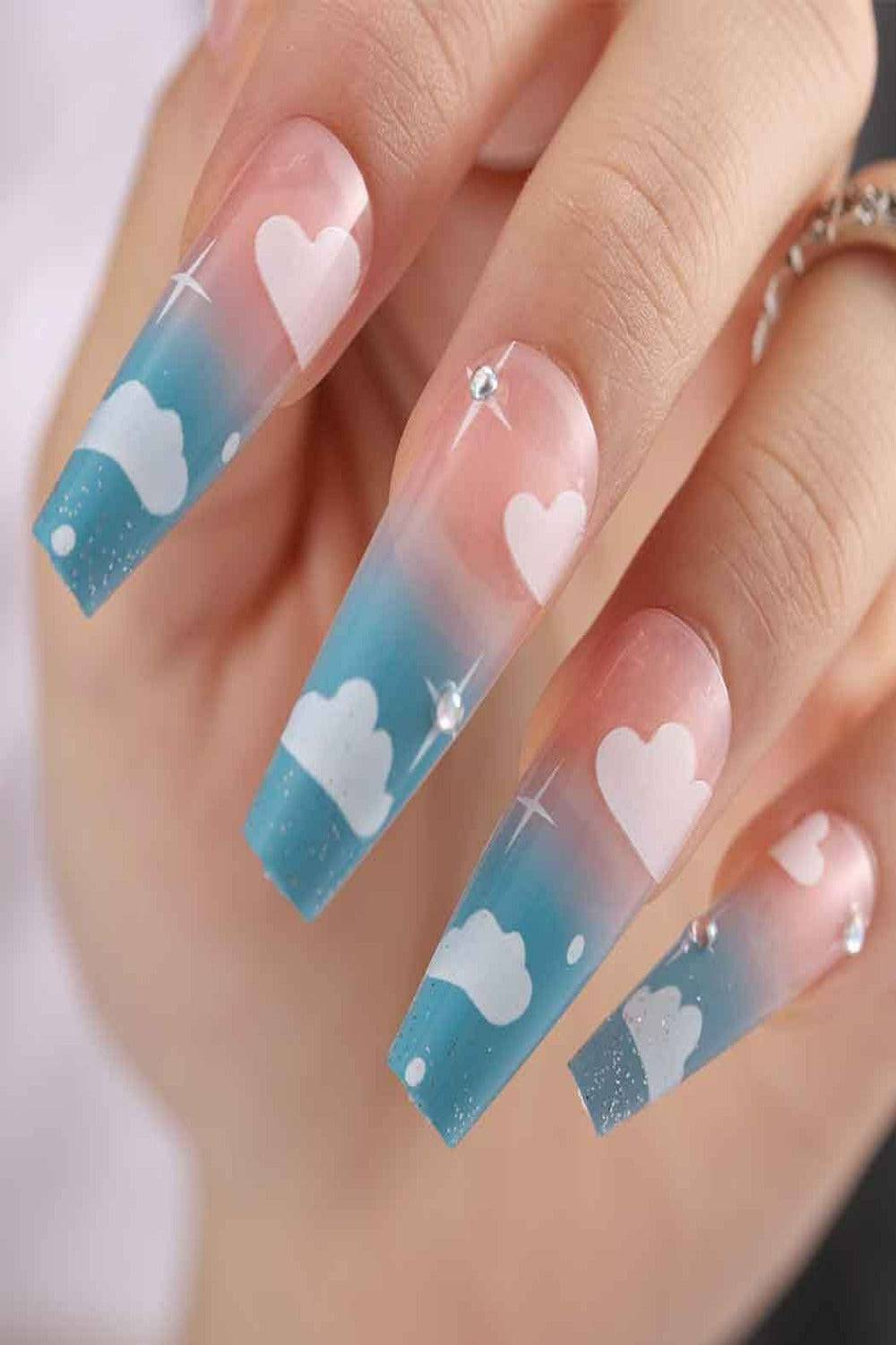 Press On Blue Ombre Nails Glossy Cloud Print French Tip Coffin Nail Kit - TGC Boutique - Press On Nails