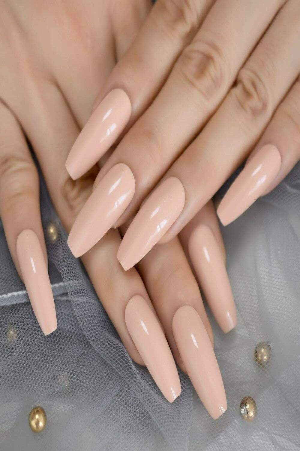Press On Nails Beige Glossy Coffin Nail Kit - TGC Boutique - Press On Nails