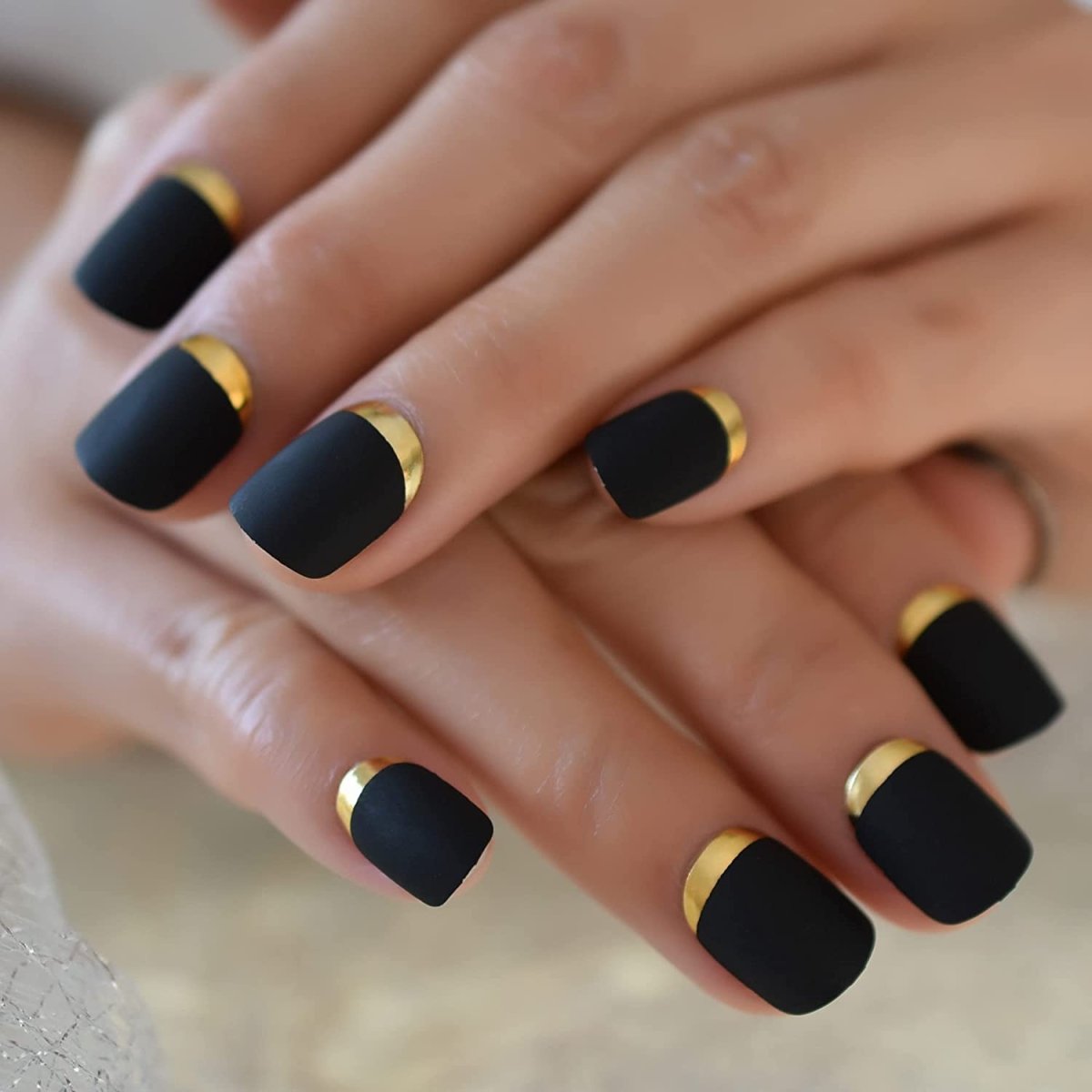 Press On Nails Black And Gold French Matte Round Nail Kit - TGC Boutique - Press On Nails