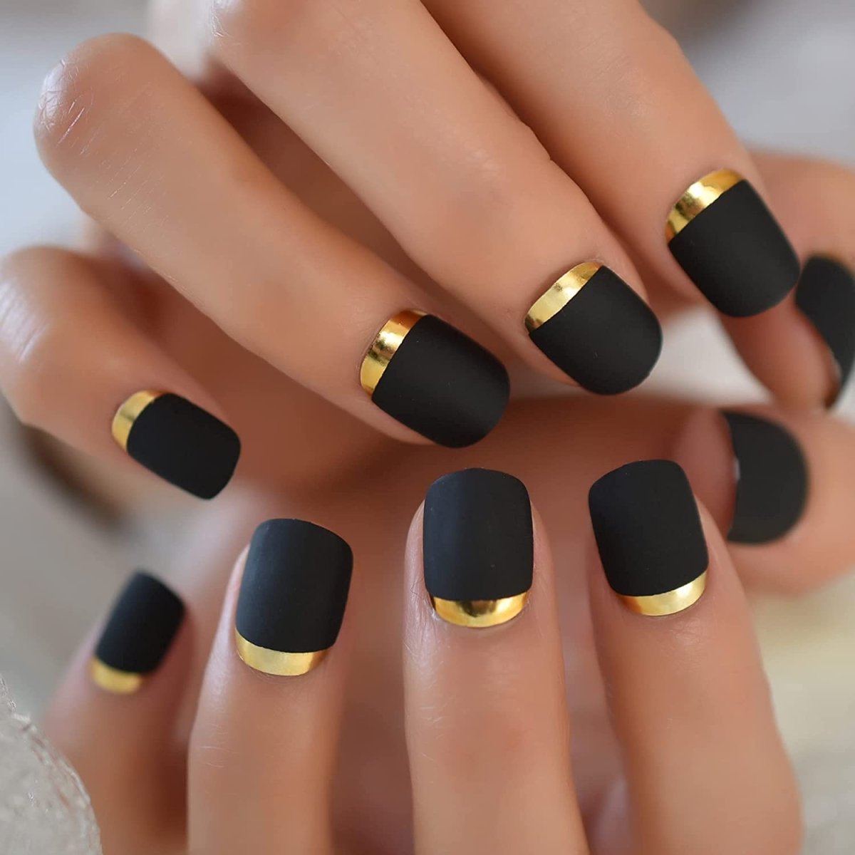 Press On Nails Black And Gold French Matte Round Nail Kit - TGC Boutique - Press On Nails