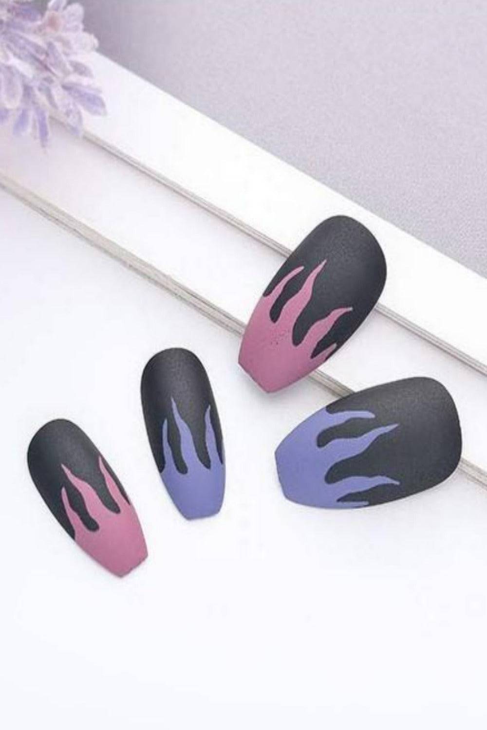 Press On Nails Black And Purple Matte Coffin Nail Kit - TGC Boutique - Press On Nails