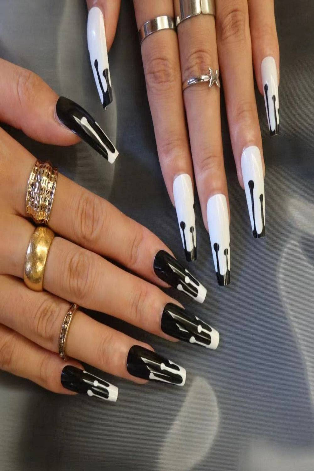 Press On Nails Black And White Coffin Drip Nail Kit - TGC Boutique - Press On Nails