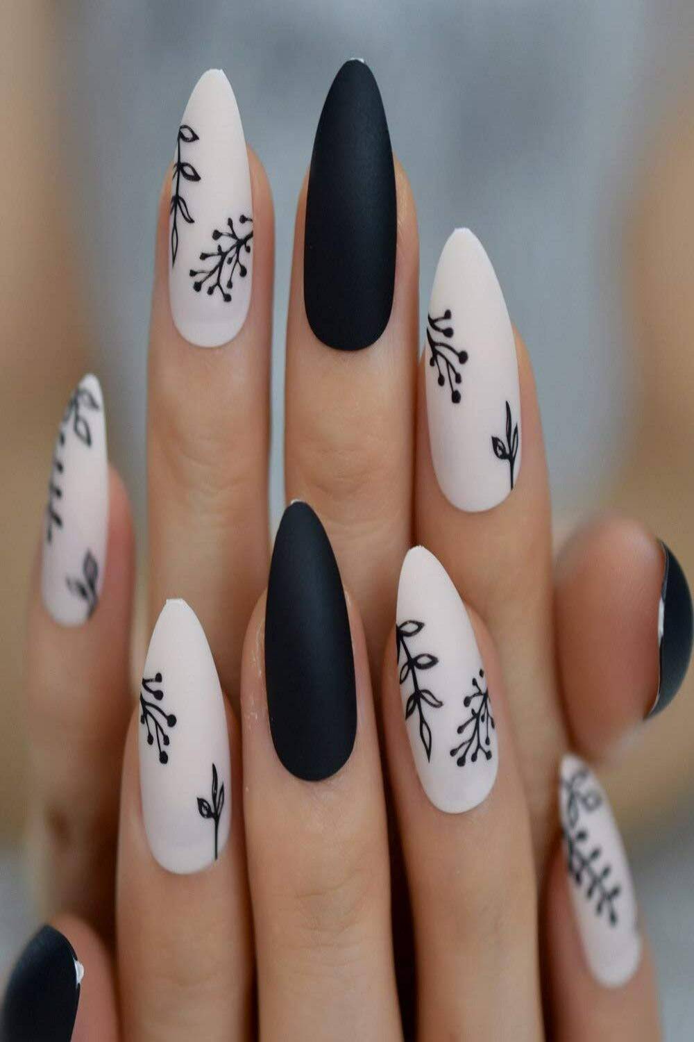 Press On Nails Black And White Matte Almond Line Design Nail Kit - TGC Boutique - Press On Nails