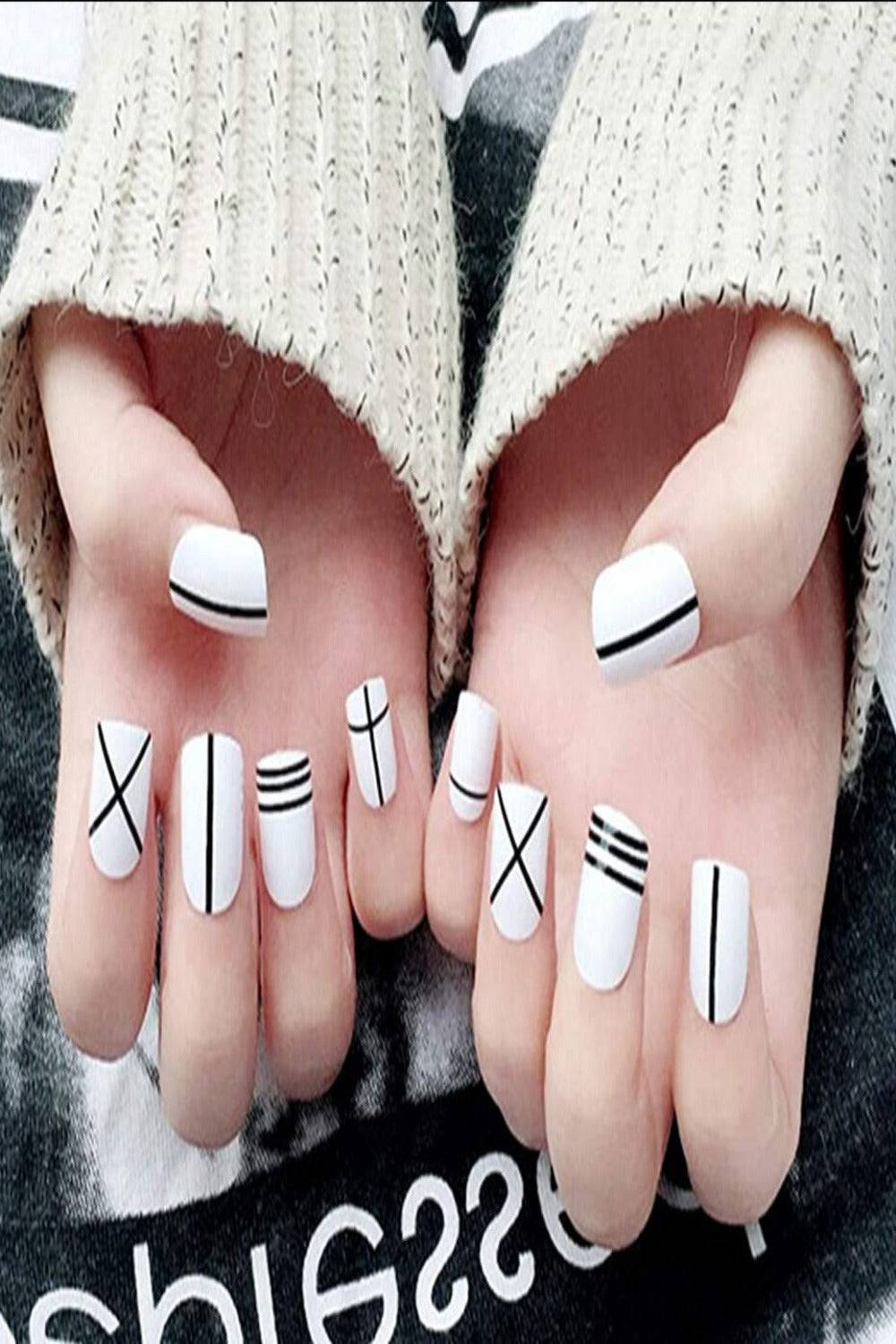 Press On Nails Black And White Short Square Line Design Nail Kit - TGC Boutique - Press On Nails