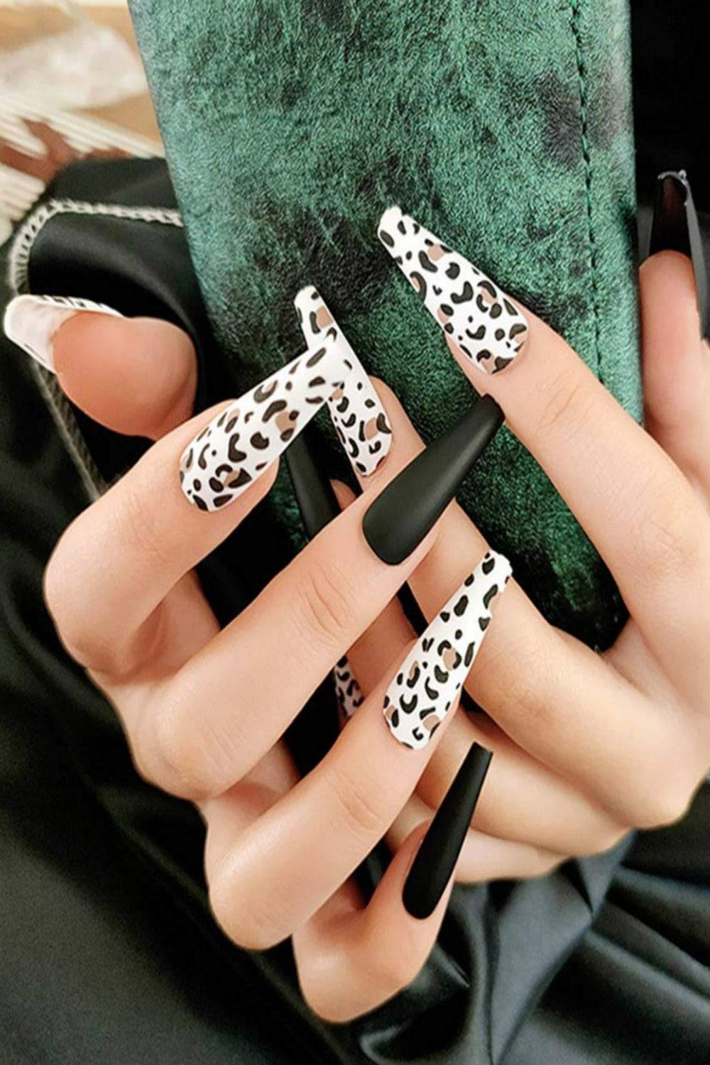 Press On Nails Black Cow Print Glossy Coffin Leopard Nail Kit - TGC Boutique - Press On Nails