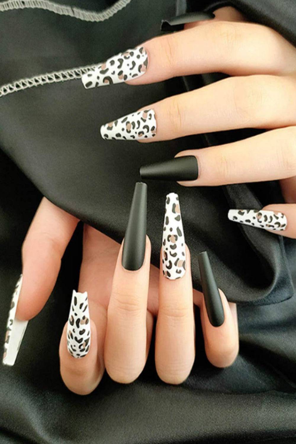 Press On Nails Black Cow Print Glossy Coffin Leopard Nail Kit - TGC Boutique - Press On Nails