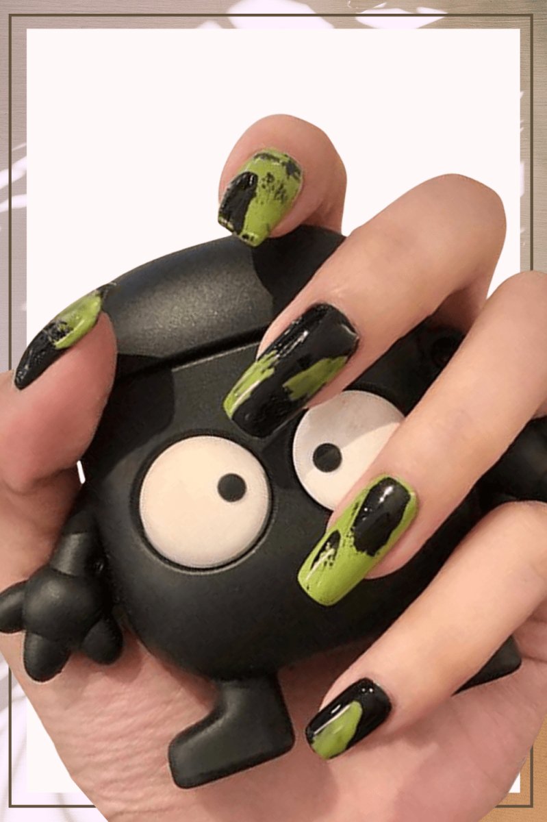 Press On Nails Black French Glossy Coffin Green Nail Kit - TGC Boutique - Press On Nails