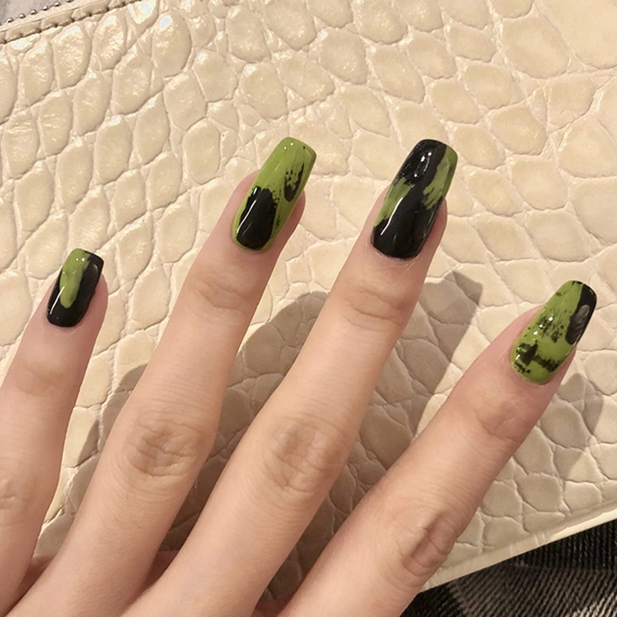 Press On Nails Black French Glossy Coffin Green Nail Kit - TGC Boutique - Press On Nails
