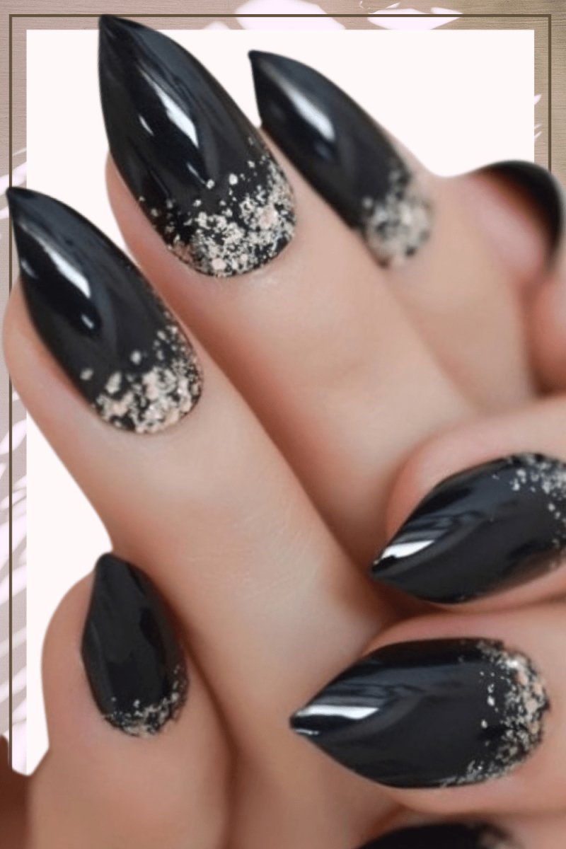 Press On Nails Black Glossy Almond Stiletto Gold Nail Kit - TGC Boutique - Press On Nails
